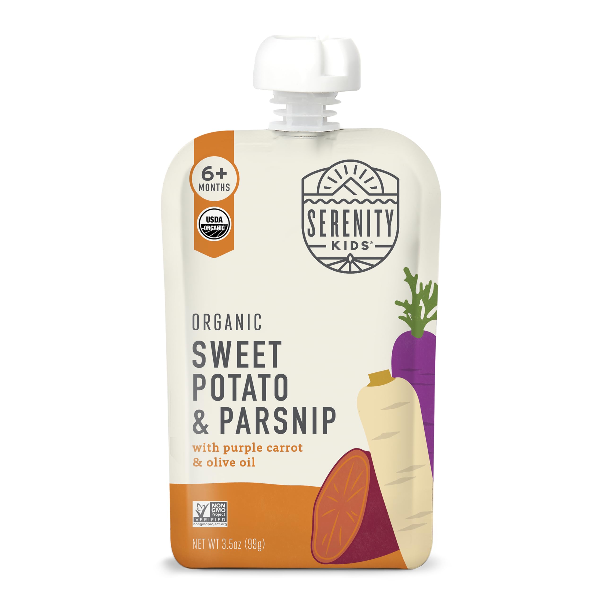 Serenity Kids veggie pouches show sweet potato parsnip for on-the-go baby nourishment.