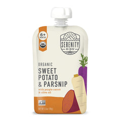 Serenity Kids veggie pouches show sweet potato parsnip for on-the-go baby nourishment.