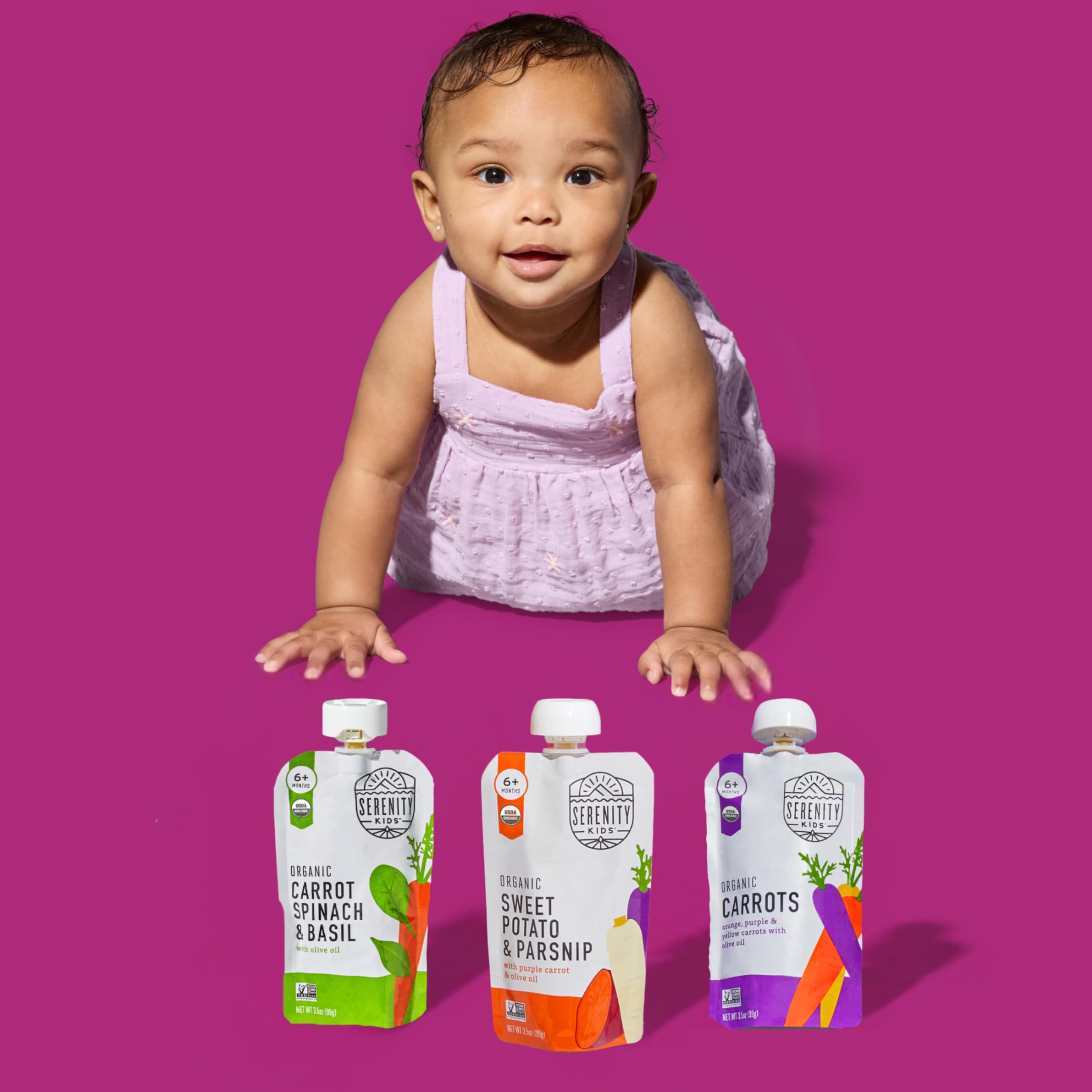 Serenity Kids veggie puree label organic emphasizes clean ingredients for little eaters.