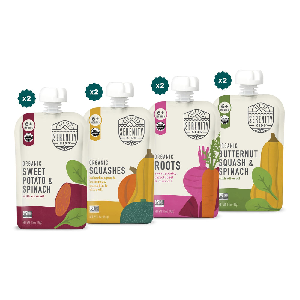 Serenity Kids veggie puree pouch on-the-go snack with balanced nutrition.