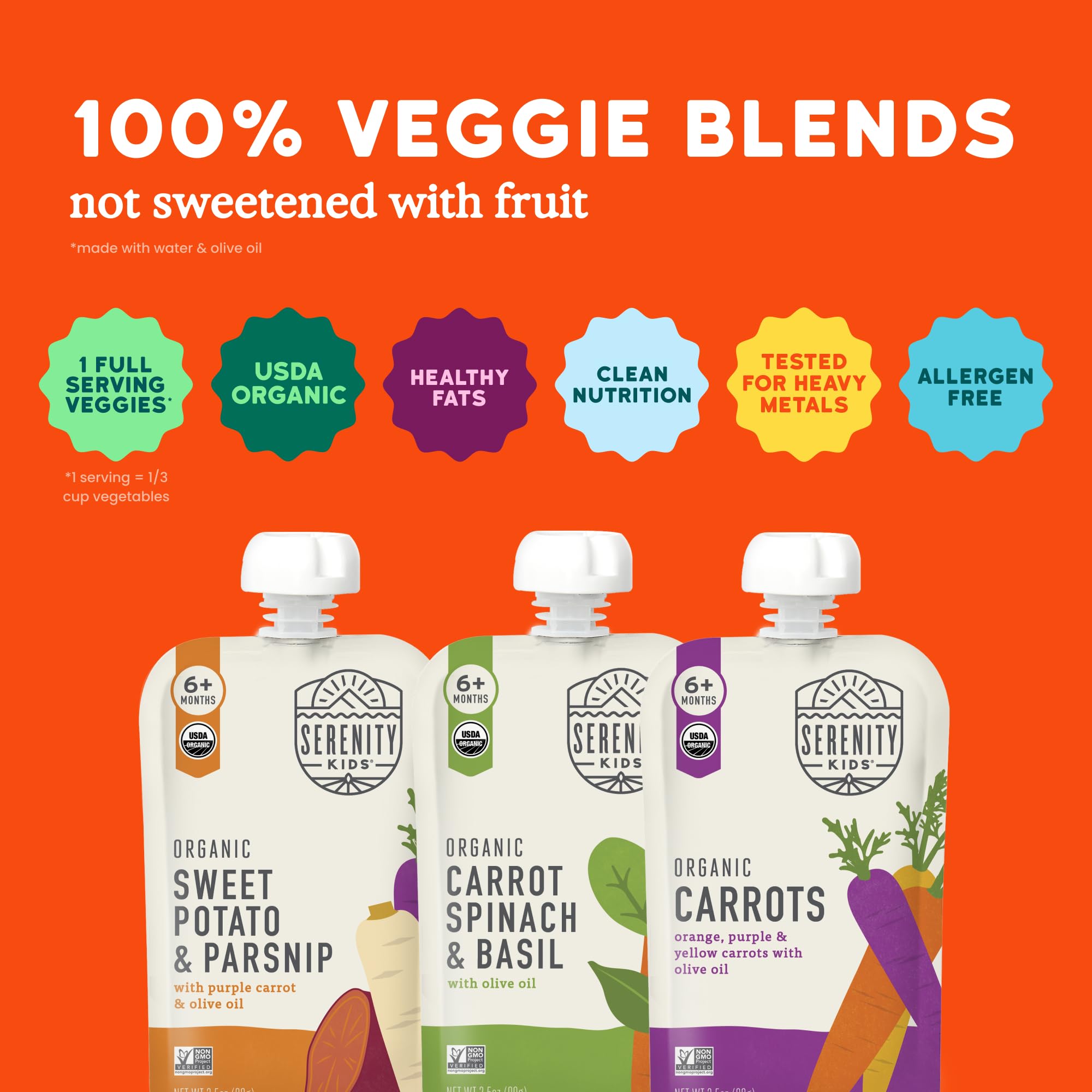 Serenity Kids veggie puree spoon-ready image promotes quick, healthy snack for babies.