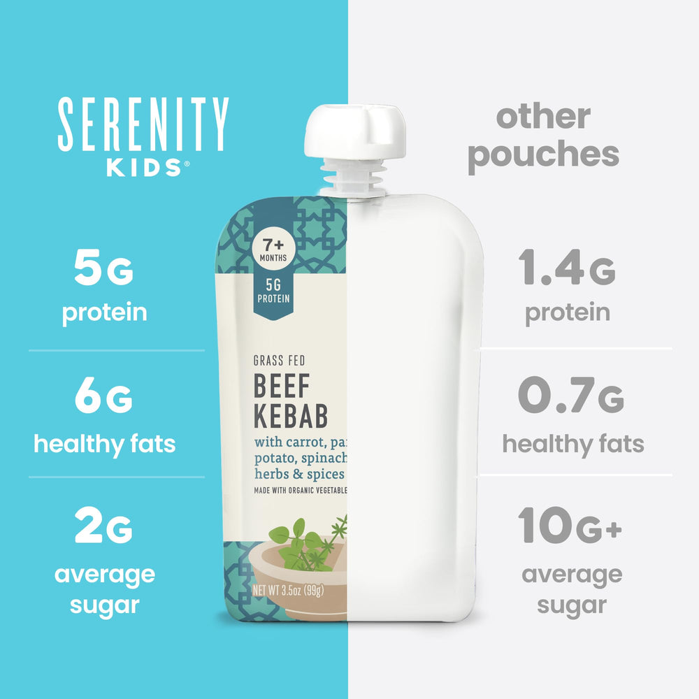 Serenity Kids pouch highlights BPA-free packaging for safe, convenient snacks.
