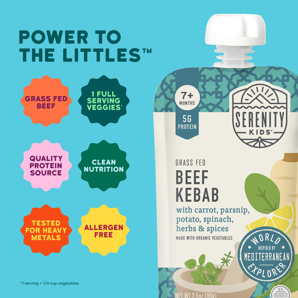 Serenity Kids beef kebab ingredients showcase grass-fed beef and organic veggies.