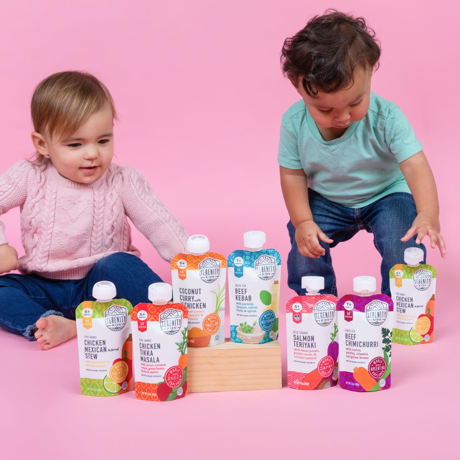 Serenity Kids World Explorers flavor-map graphic linking savory flavors to mealtime moments.