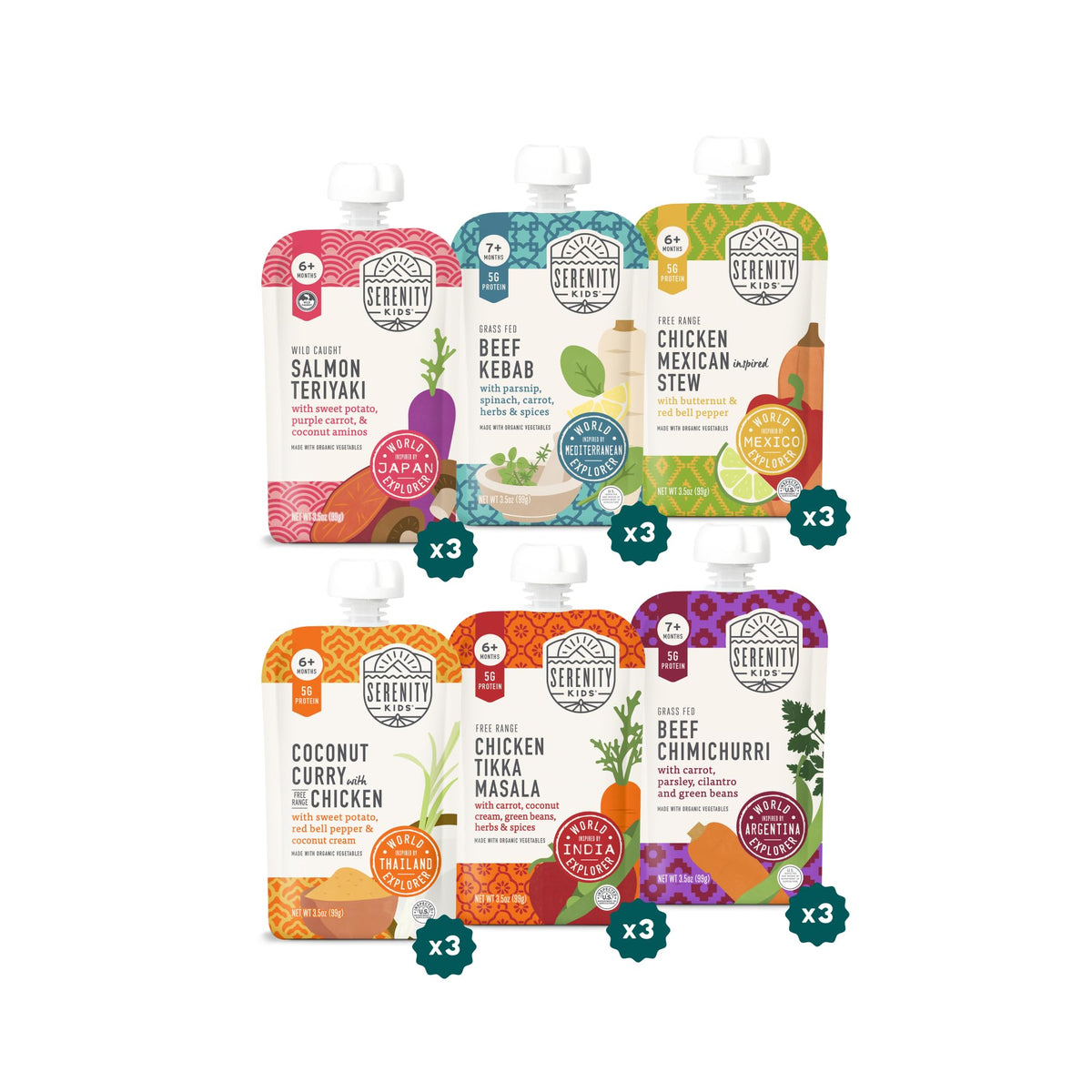 Serenity Kids World Explorers pouch front label shows organic ingredients for baby-friendly nourishment.
