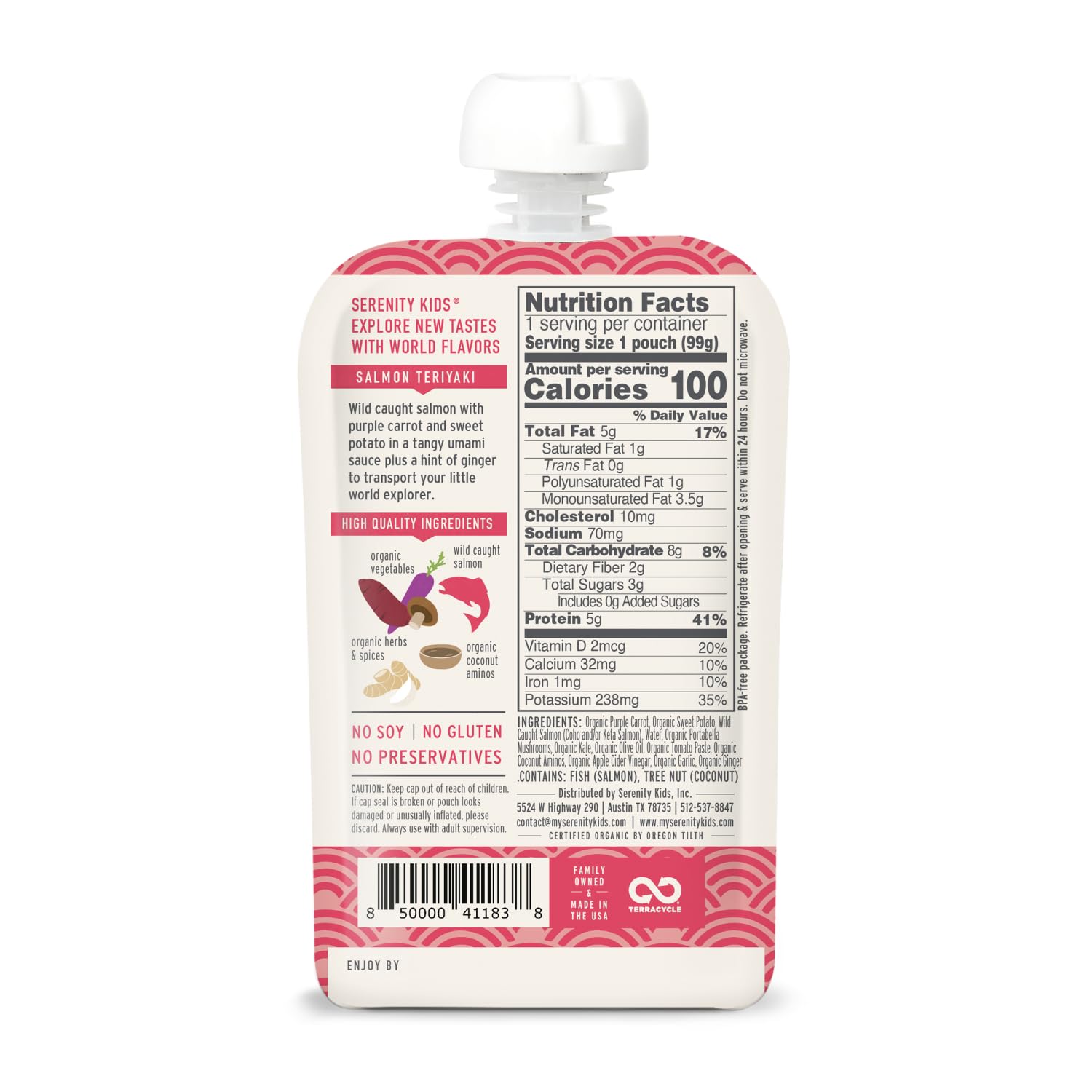 Serenity Kids World Explorers pouch ingredients, highlighting organic veggies and ethically sourced meat.