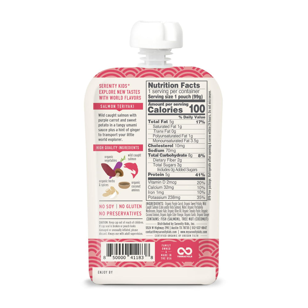 Serenity Kids World Explorers pouch ingredients, highlighting organic veggies and ethically sourced meat.