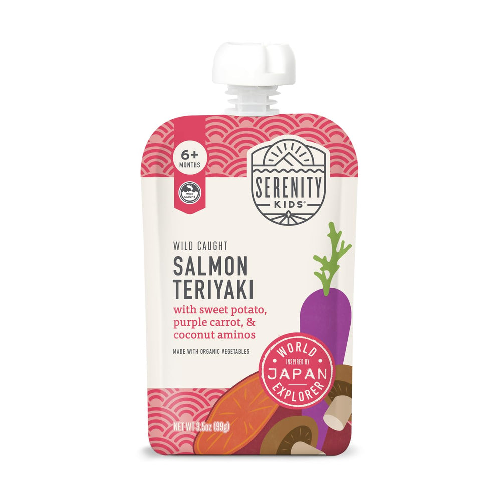 Serenity Kids World Explorers salmon teriyaki pouch front, showing convenient feeding option.