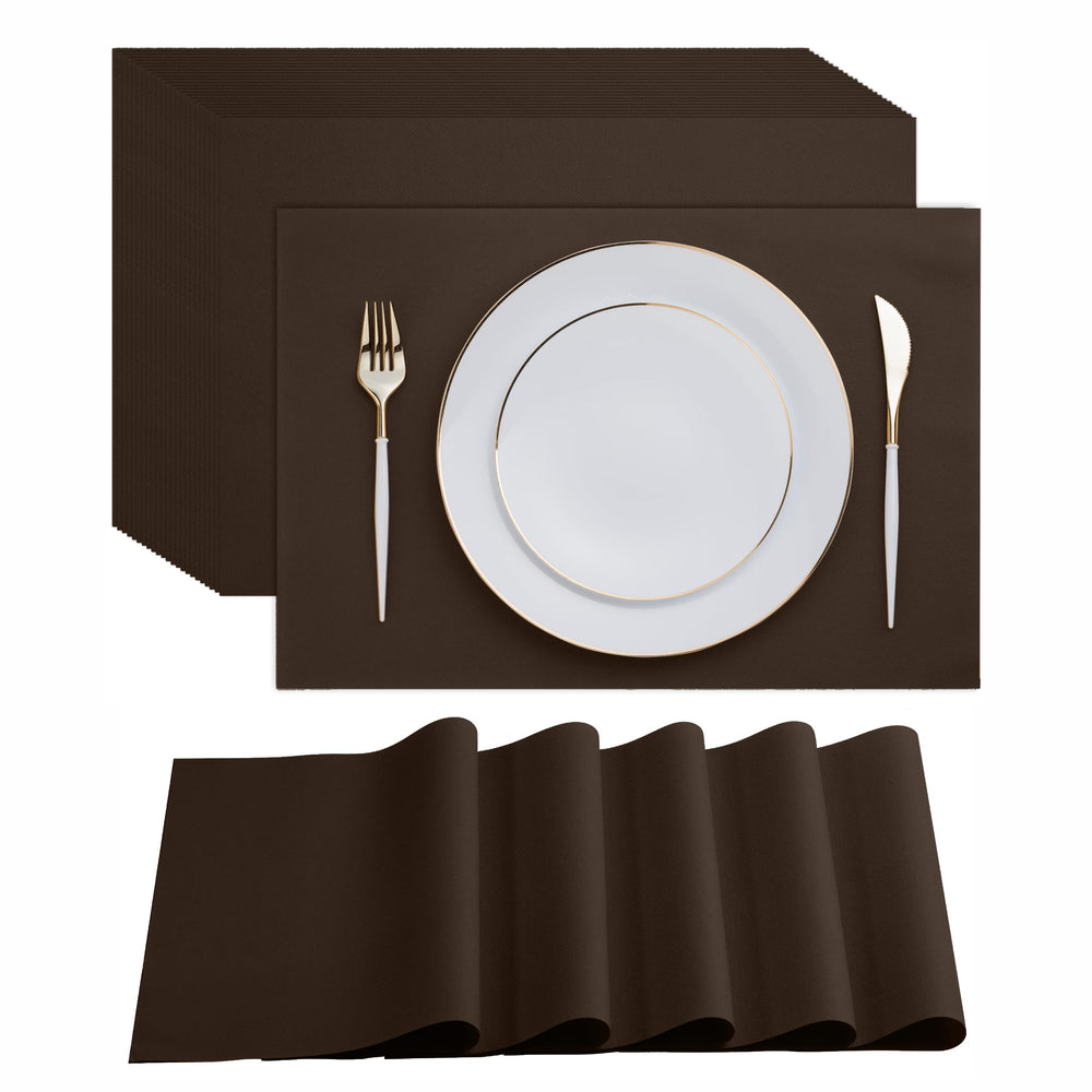 Servietto disposable brown placemats 18x12 on a dining table for clean meals