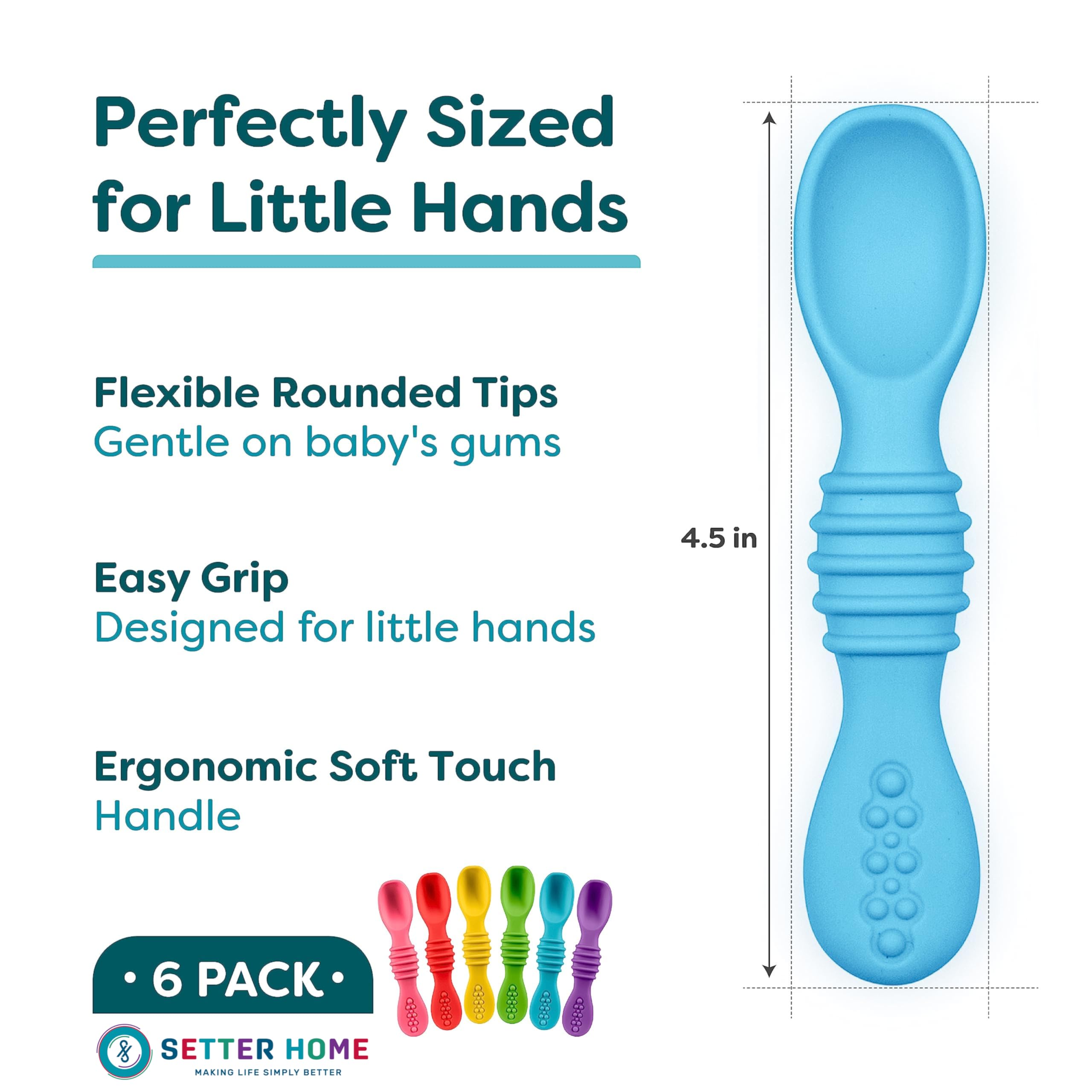 Setter Home ergonomic baby spoon grip enhances tiny-hand handling during meals.
