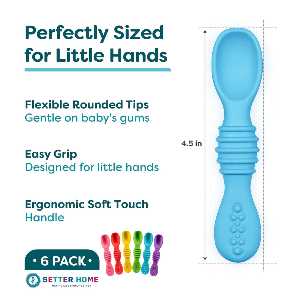 Setter Home ergonomic baby spoon grip enhances tiny-hand handling during meals.