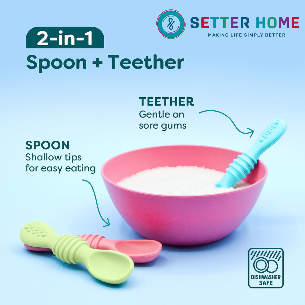 Setter Home five piece spoon set packaging—versatile for feeding and teething routines