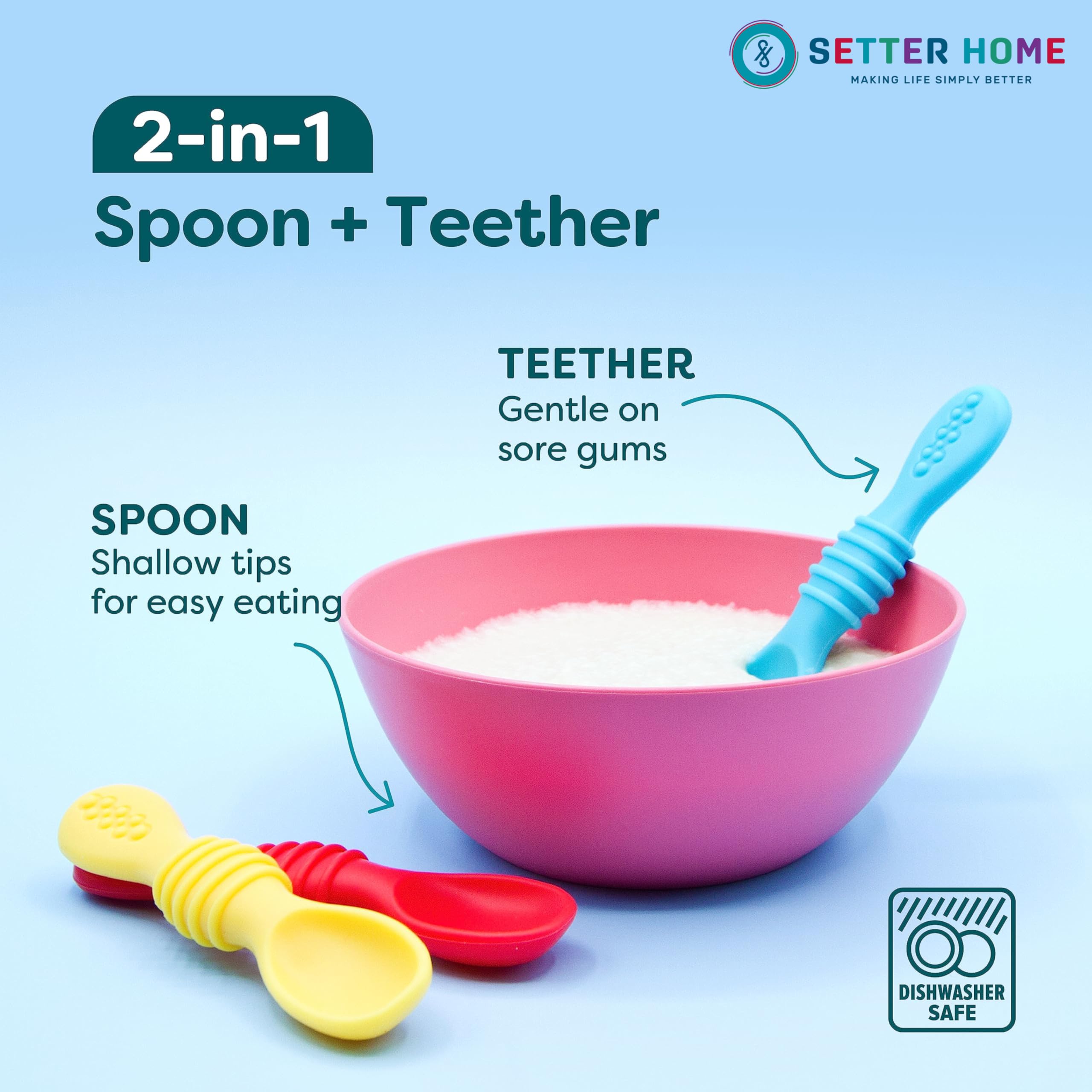Setter Home soft silicone spoons suitable for teething moments.