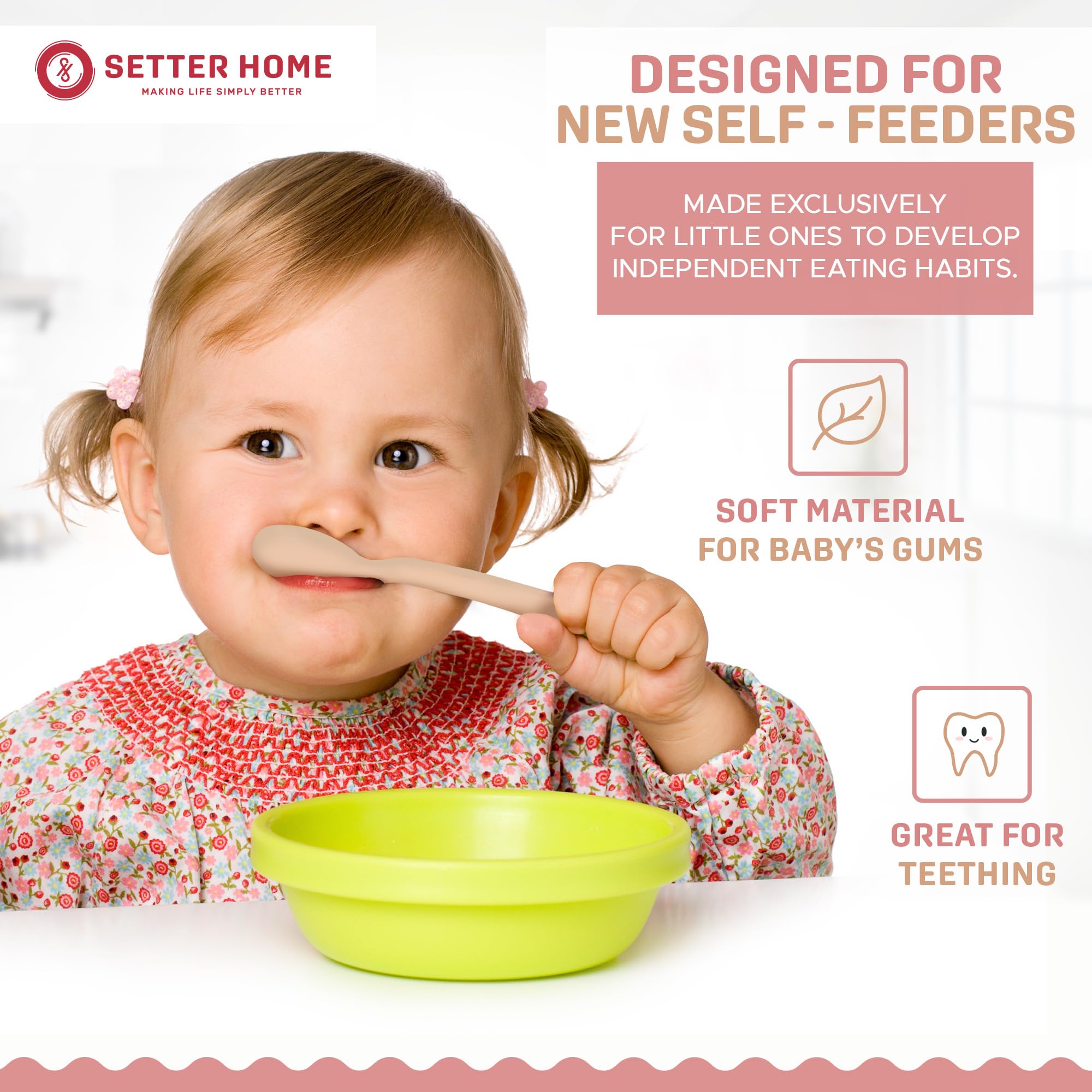 Setter Home soft-silicone-tip-spoon demonstrates gentle feeding for tiny mouths