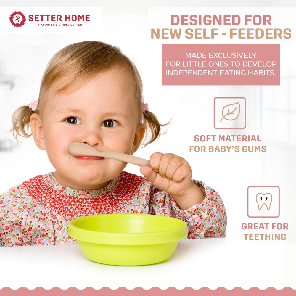 Setter Home soft-silicone-tip-spoon demonstrates gentle feeding for tiny mouths