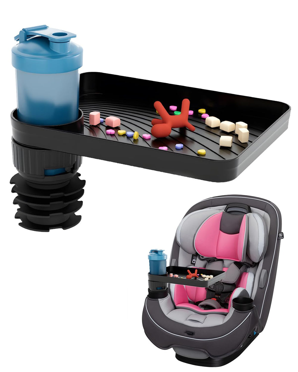 SEVEN SPARTA car seat tray in-use with base and cup holder for easy snack access.