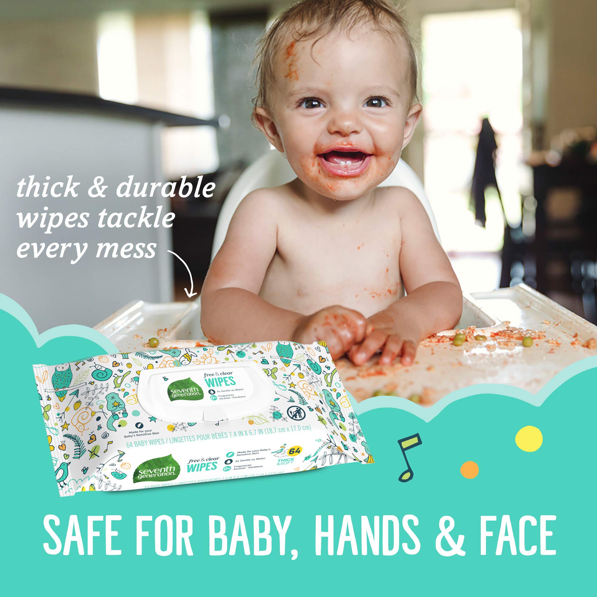 Seventh Generation Baby Wipes Free & Clear 64-count box emphasizes value.