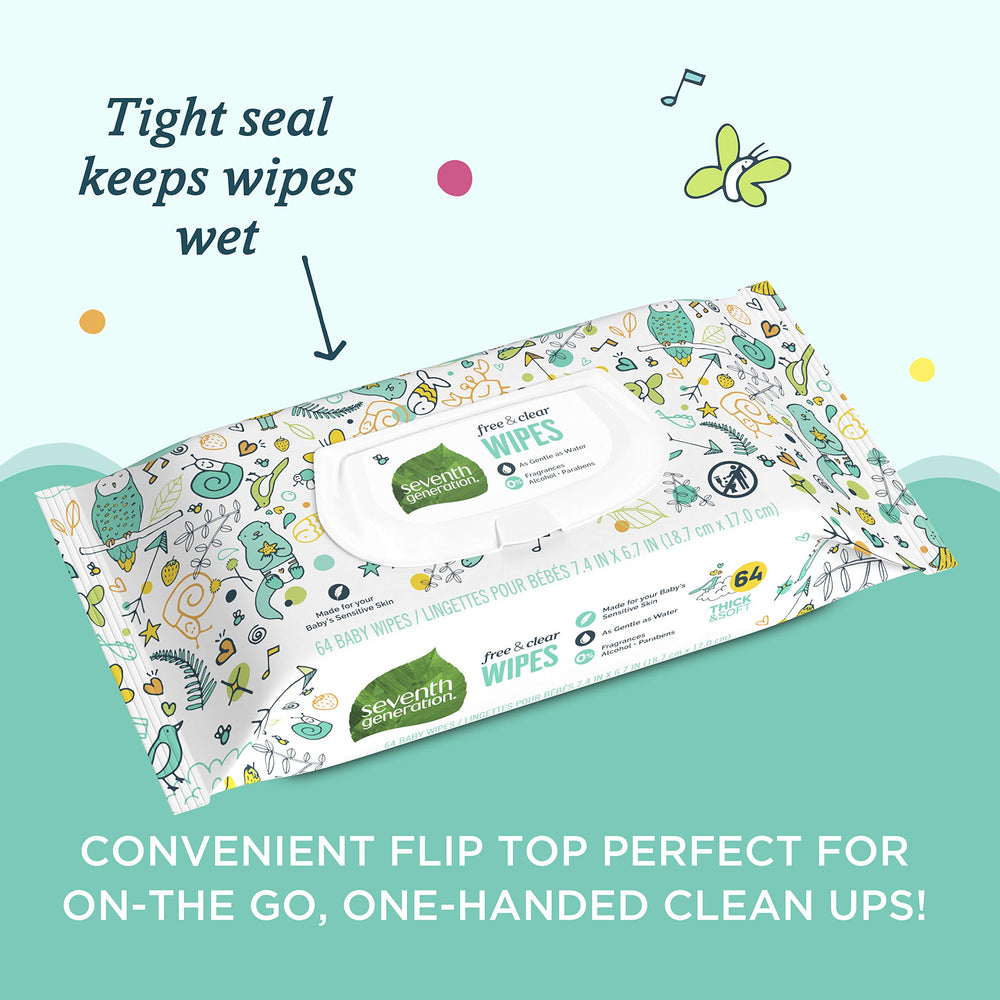 Seventh Generation Baby Wipes Free & Clear aloe-conditioning close-up shows plant-derived care.