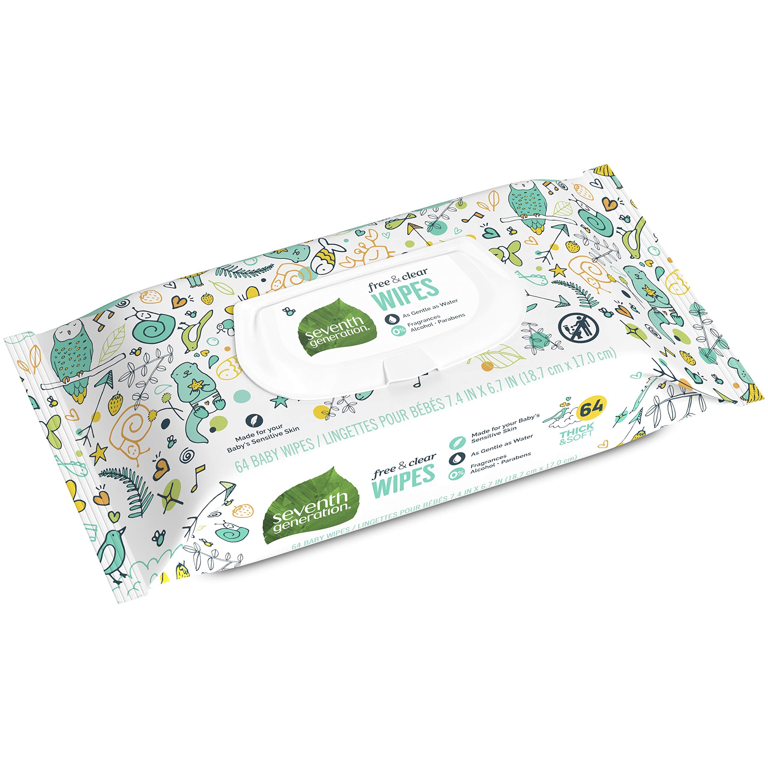 Seventh Generation Baby Wipes Free & Clear pack shot shows fragrance-free, skin-friendly care.