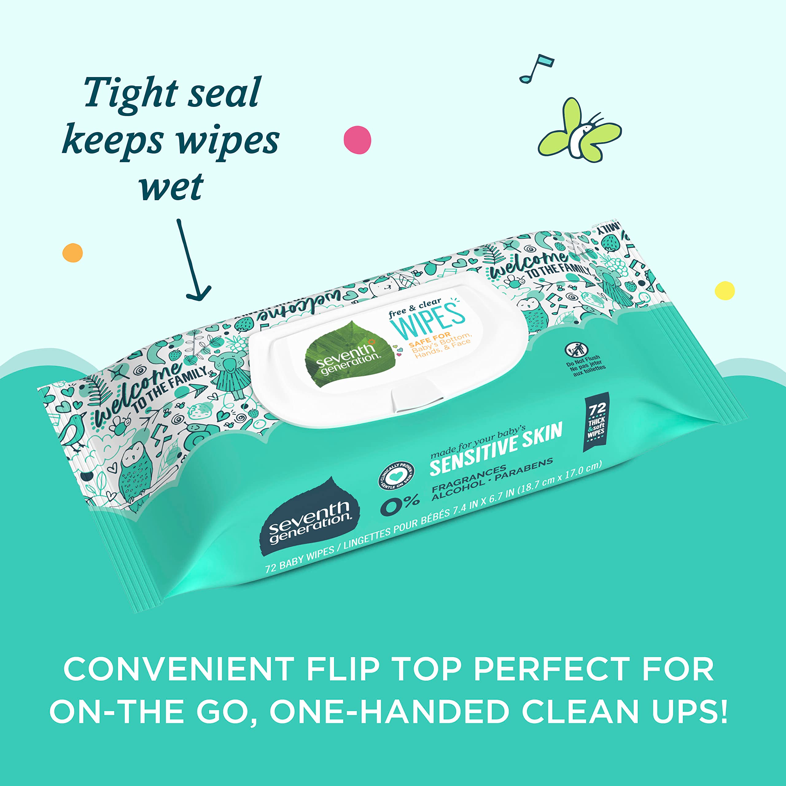 Moisture-lock flip-top lid keeps wipes fresh during busy diaper changes.