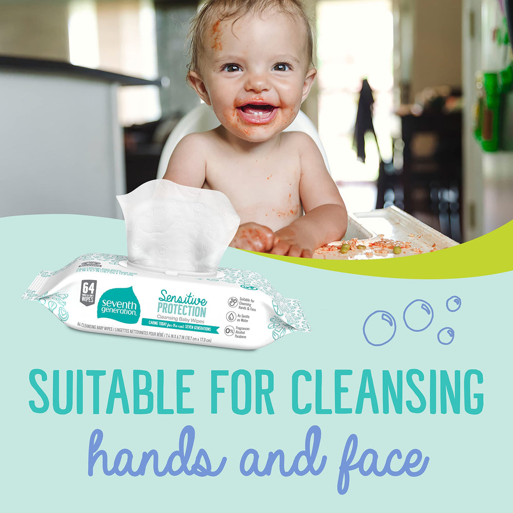 Seventh Generation unscented wipes used daily for gentle, fragrance-free cleansing.