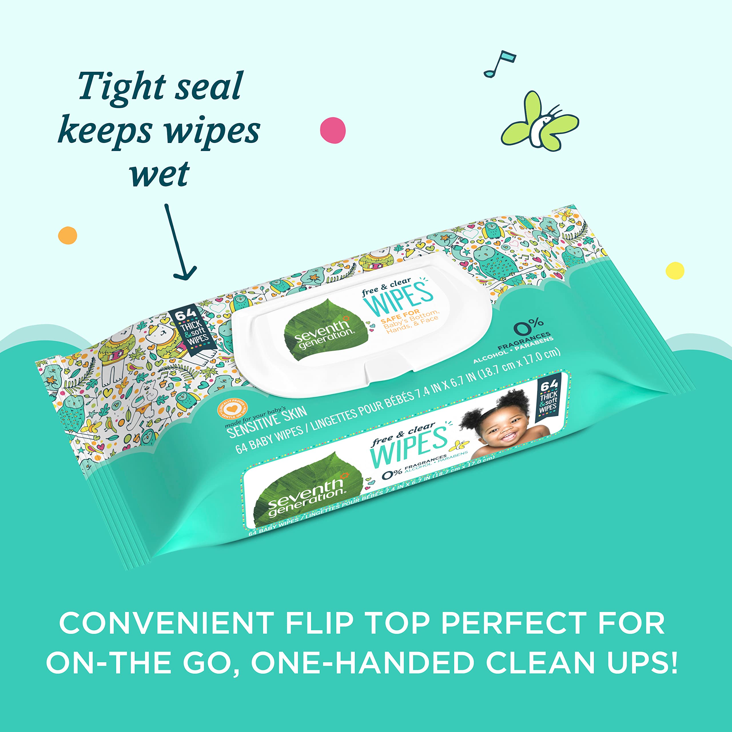 Seventh Generation dermatologist-tested unscented wipes for safe baby care