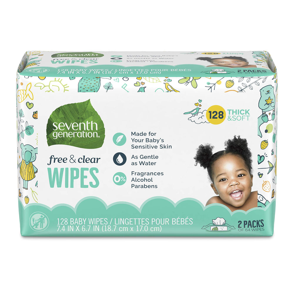Seventh Generation Baby Wipes unscented packaging highlights gentle, skin-friendly formula.