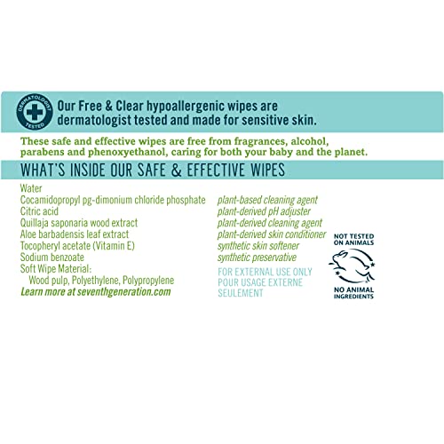 Seventh Generation Free and Clear Sensitive Wipes unscented for gentle baby skin.