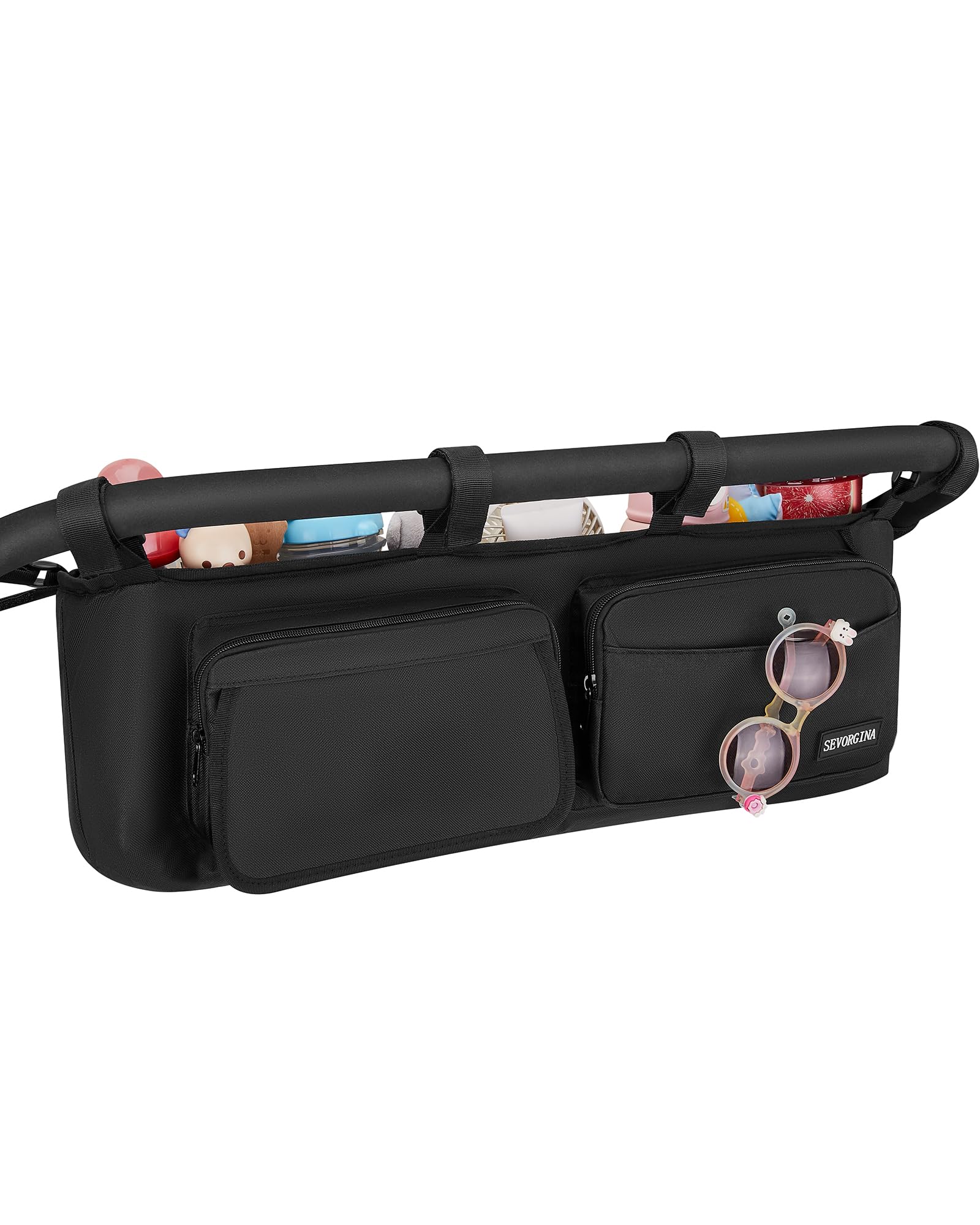 SEVORGINA double-stroller organizer front-view keeps essentials within arm's reach.