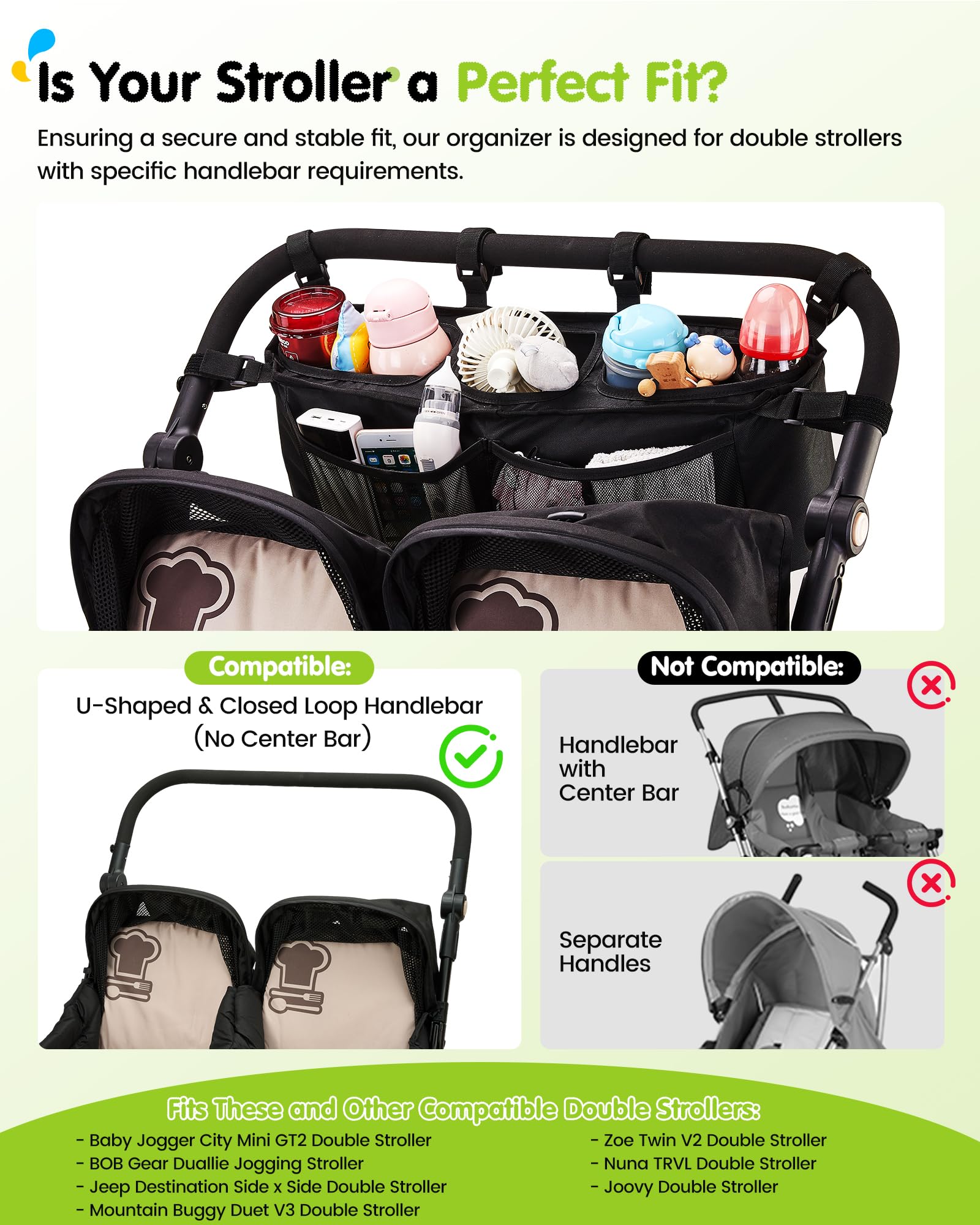 SEVORGINA mesh-storage area holds diapers and snacks for quick access.