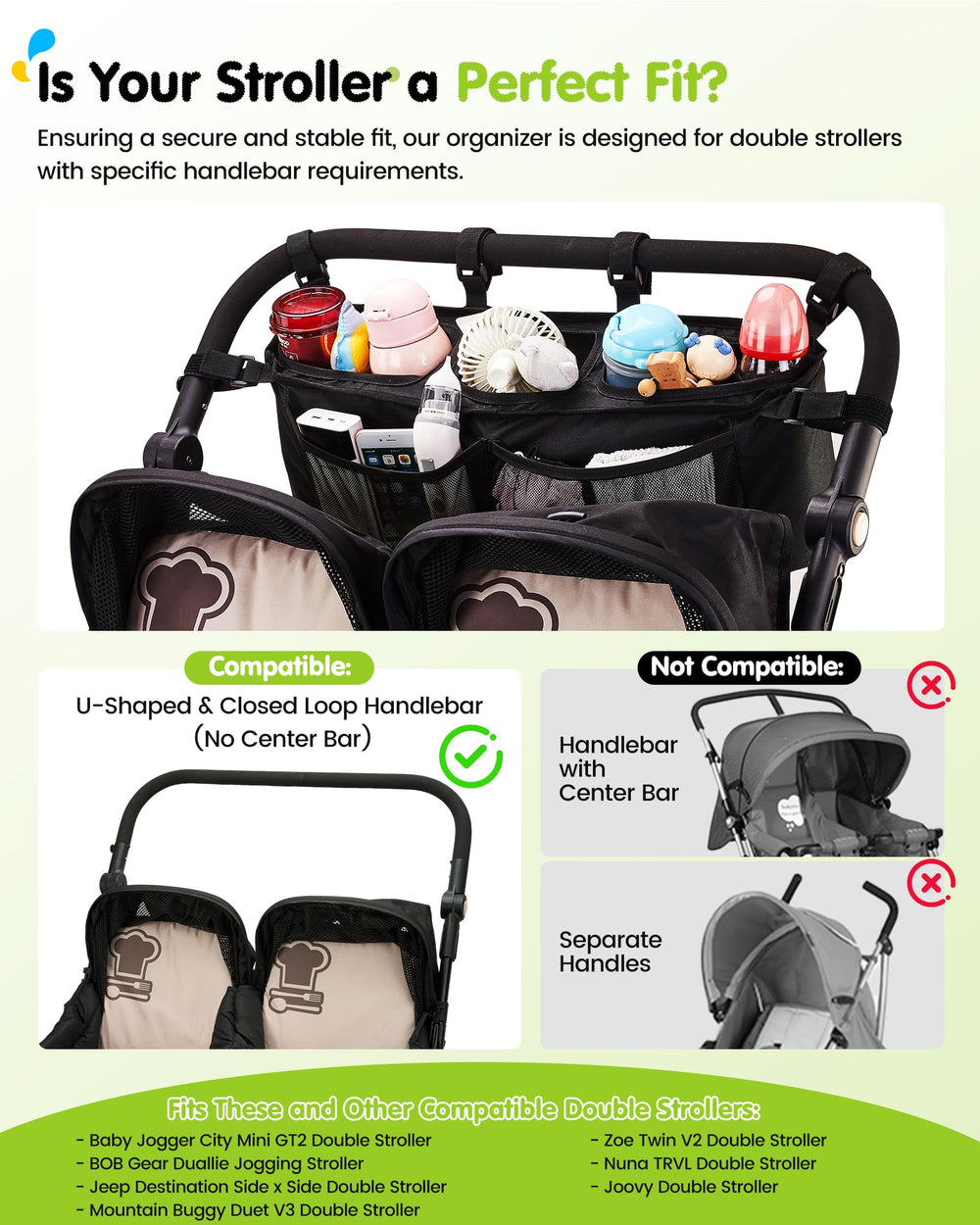 SEVORGINA mesh-storage area holds diapers and snacks for quick access.