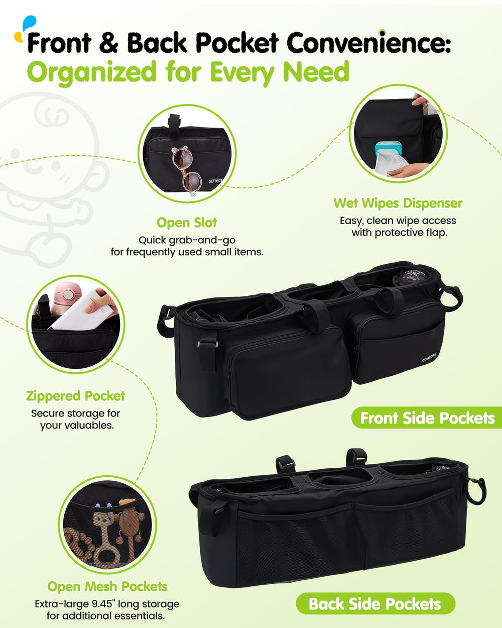 SEVORGINA double-stroller organizer side-view demonstrates stable mounting on the handle.