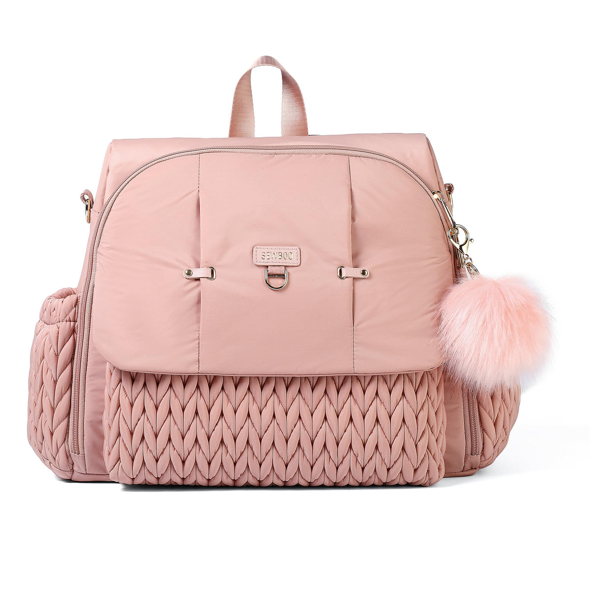 SEWBOO Allie Backpack dusty rose front view showing chic style and roomy storage