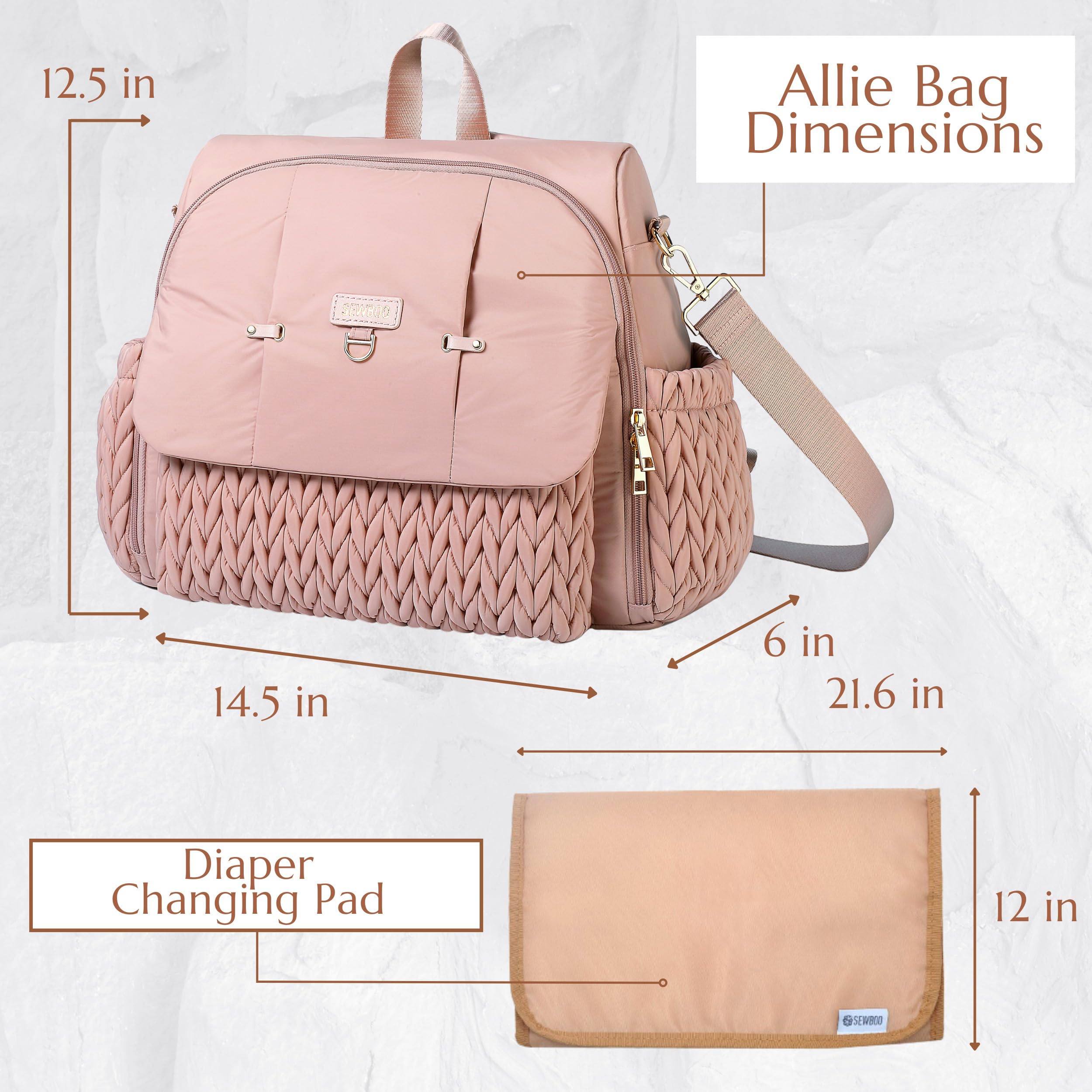 SEWBOO Allie Backpack dusty rose interior view with 13 pockets keeping diapers organized