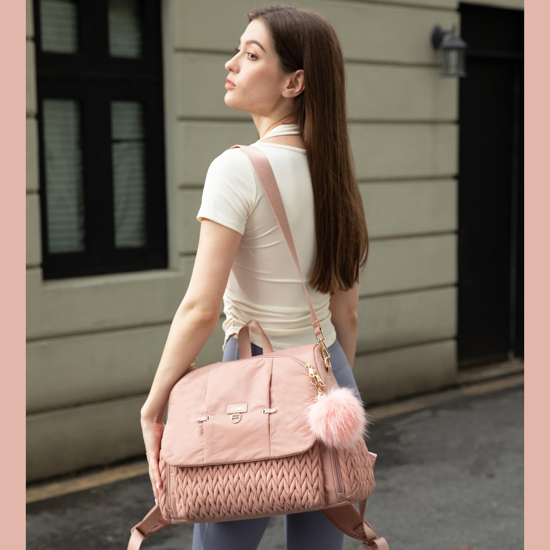 SEWBOO Allie Backpack dusty rose detachable shoulder strap detail for crossbody wear