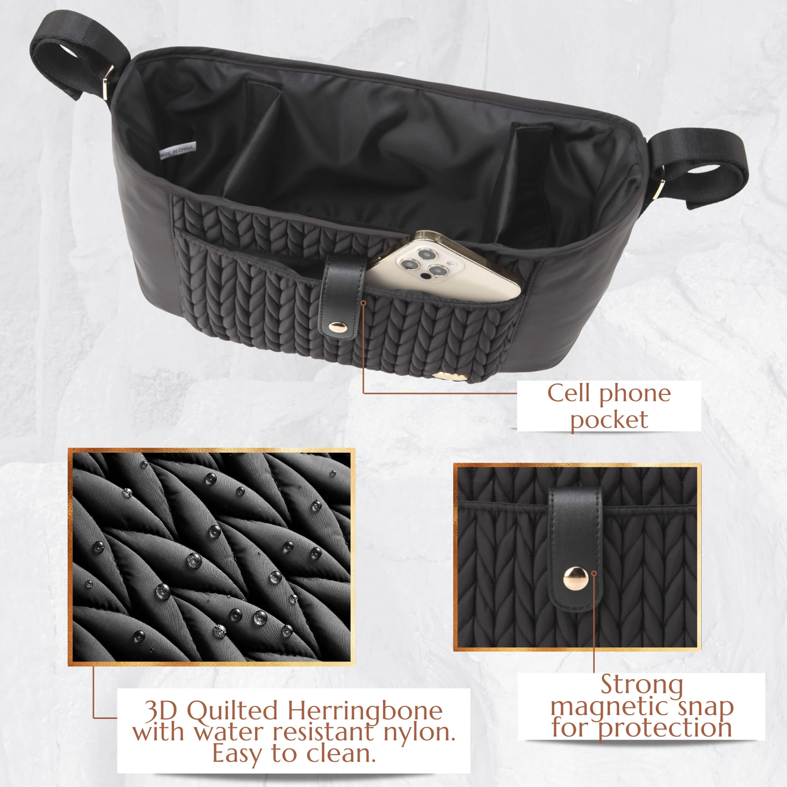 SEWBOO universal stroller organizer black option shown for versatile daily use