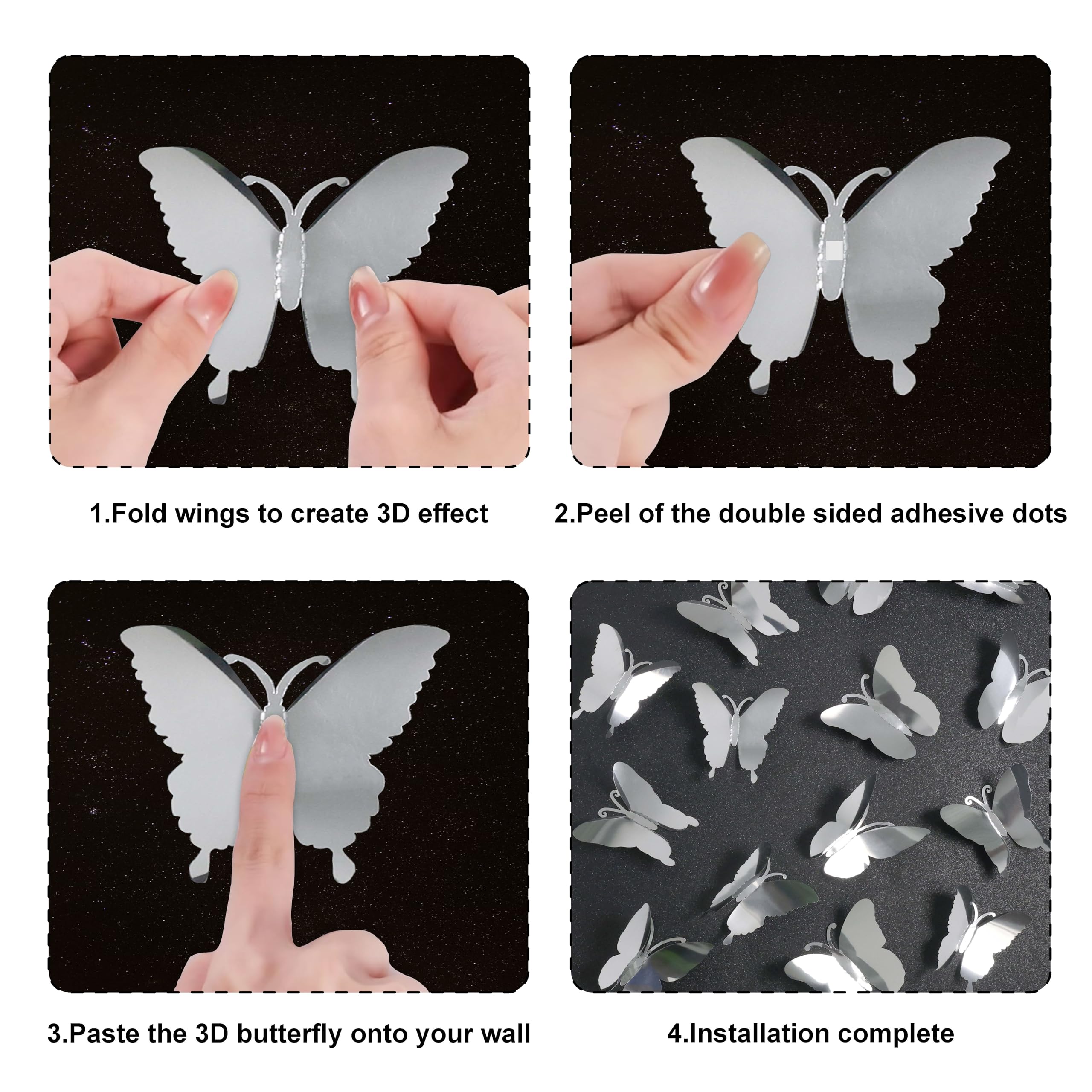 Seyal 3D butterfly wall decor on walls and mirrors adds dimensional shine.