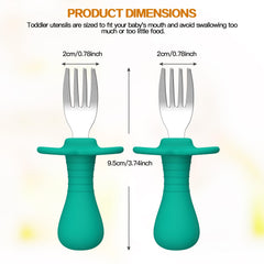 SFCCMM baby forks with ergonomic silicone handle in green-blue for easy grip.