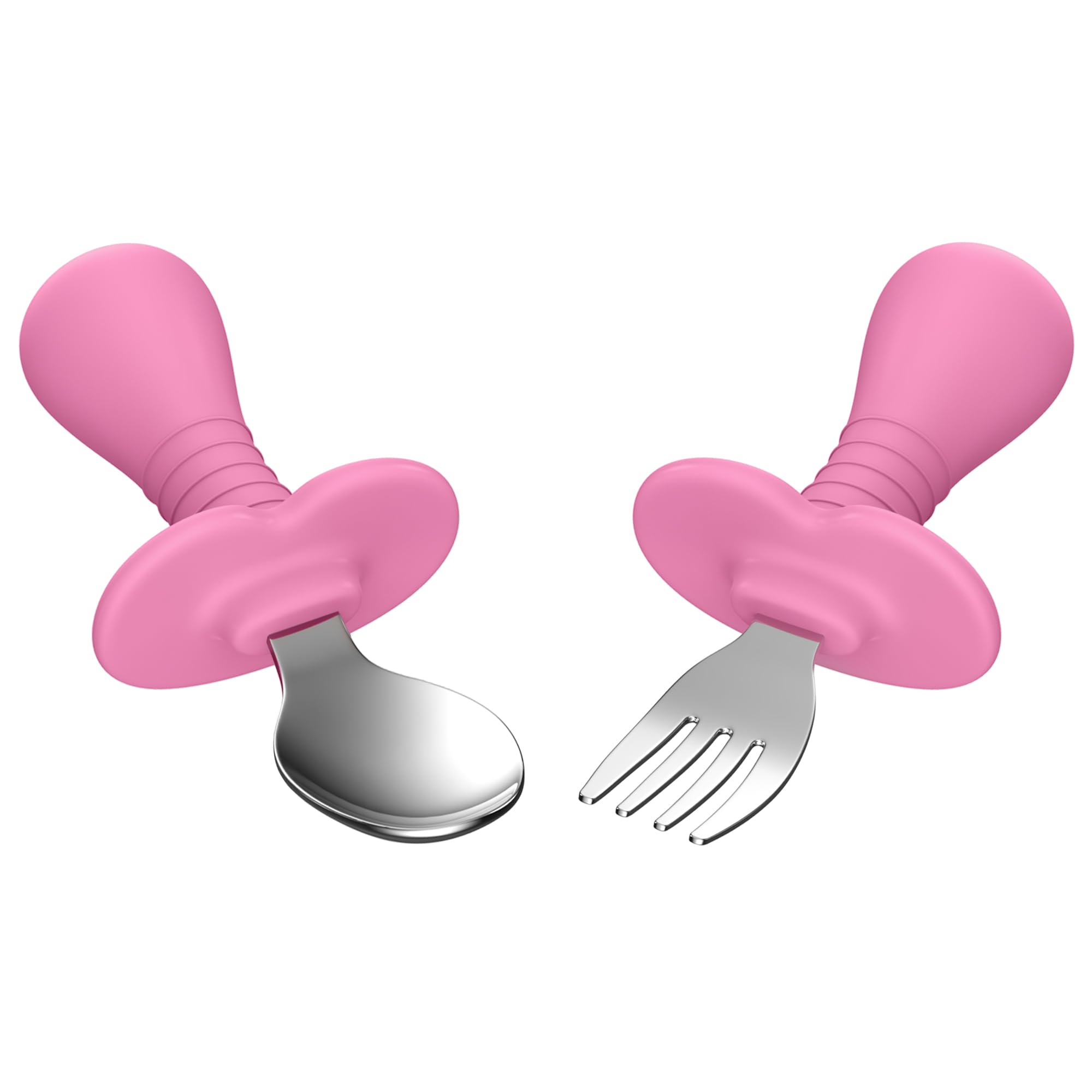SFCCMM pink-handled toddler utensils for easy self-feeding and grip.