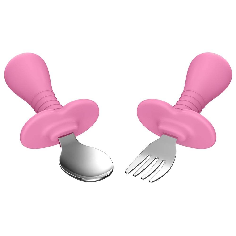 SFCCMM pink-handled toddler utensils for easy self-feeding and grip.