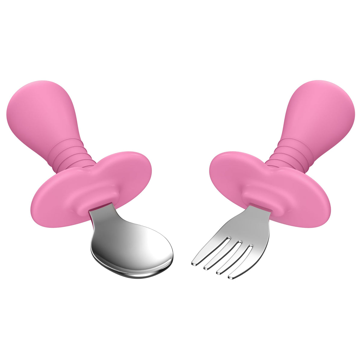 SFCCMM pink-handled toddler utensils for easy self-feeding and grip.