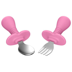 SFCCMM pink-handled toddler utensils for easy self-feeding and grip.