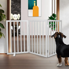 SFJC dog gate assembled in doorway demonstrates sturdy freestanding containment.