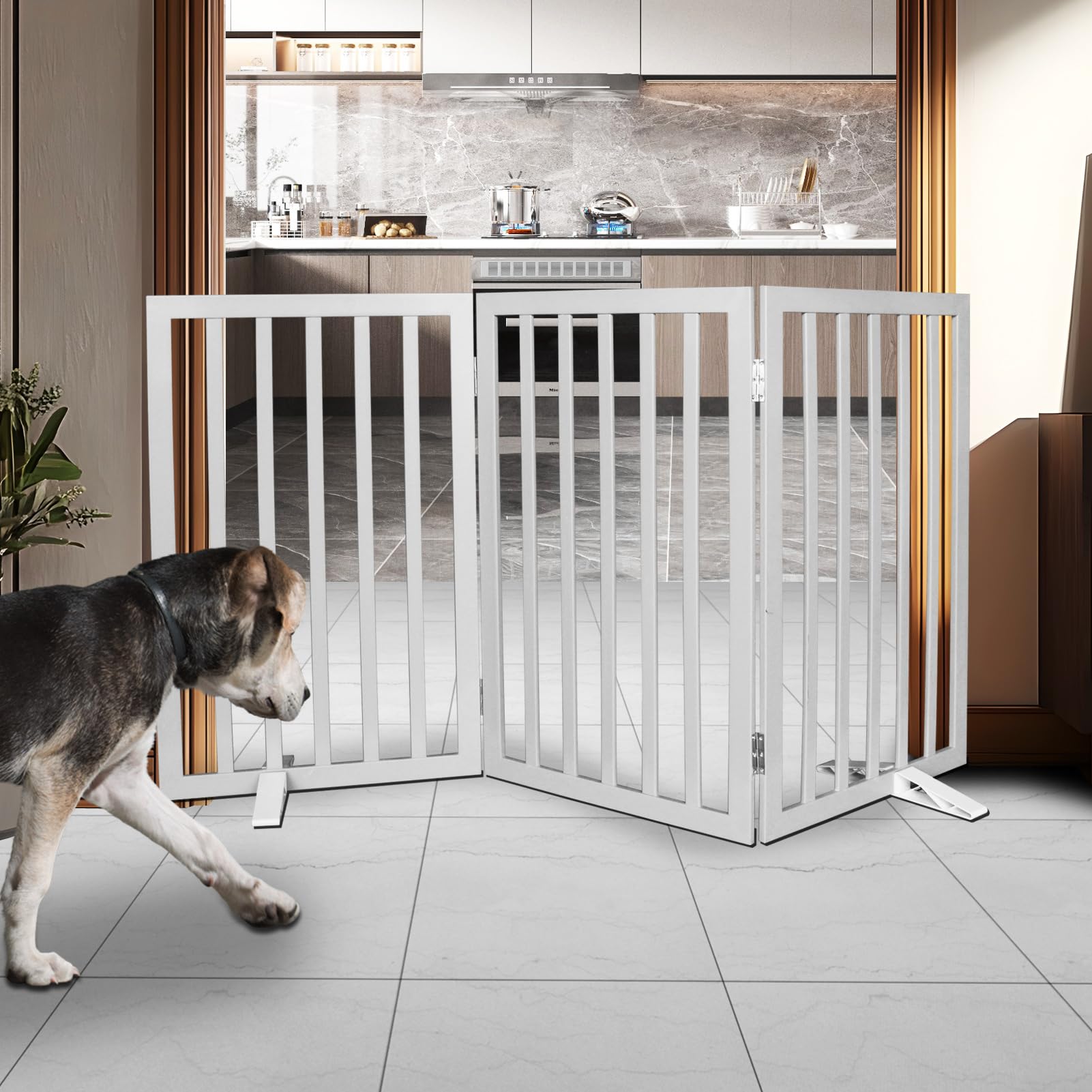 SFJC dog gate folded for compact storage highlights collapsible design.