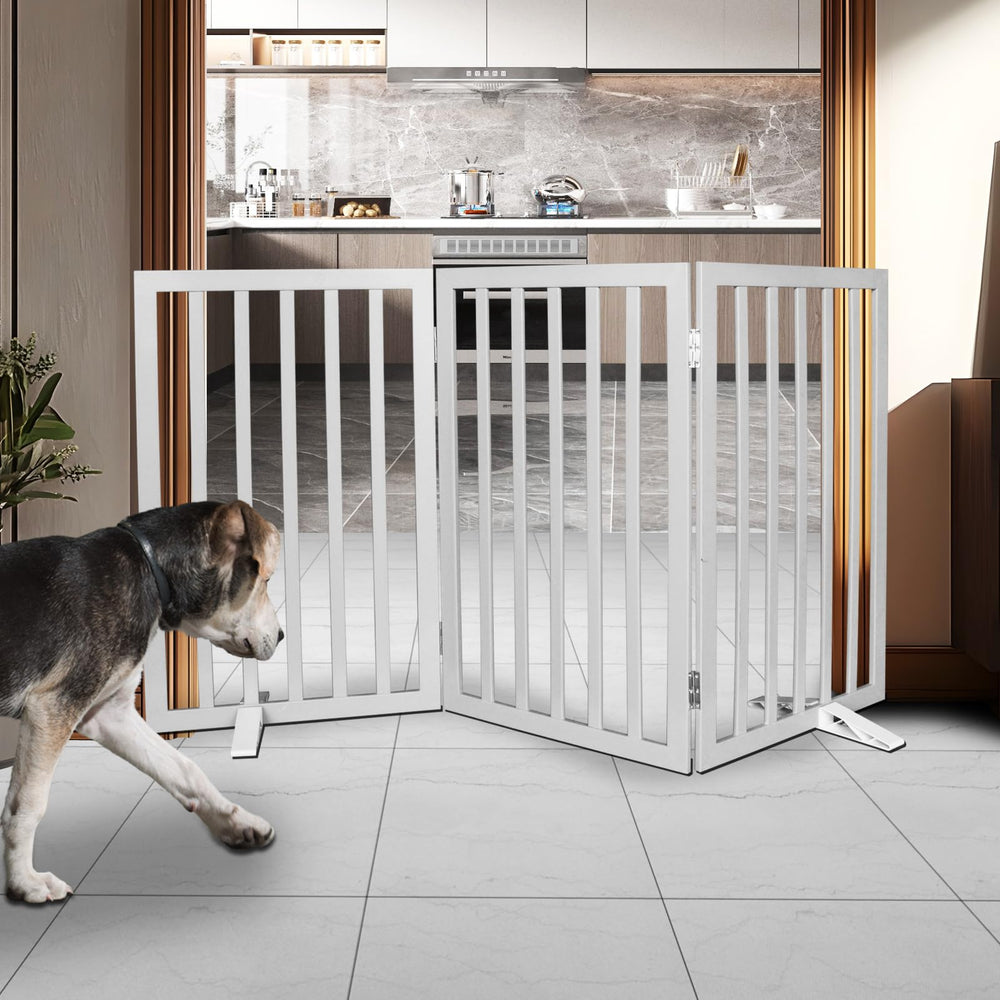 SFJC dog gate folded for compact storage highlights collapsible design.