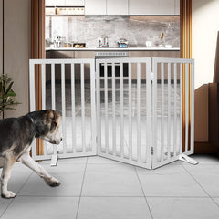SFJC dog gate folded for compact storage highlights collapsible design.