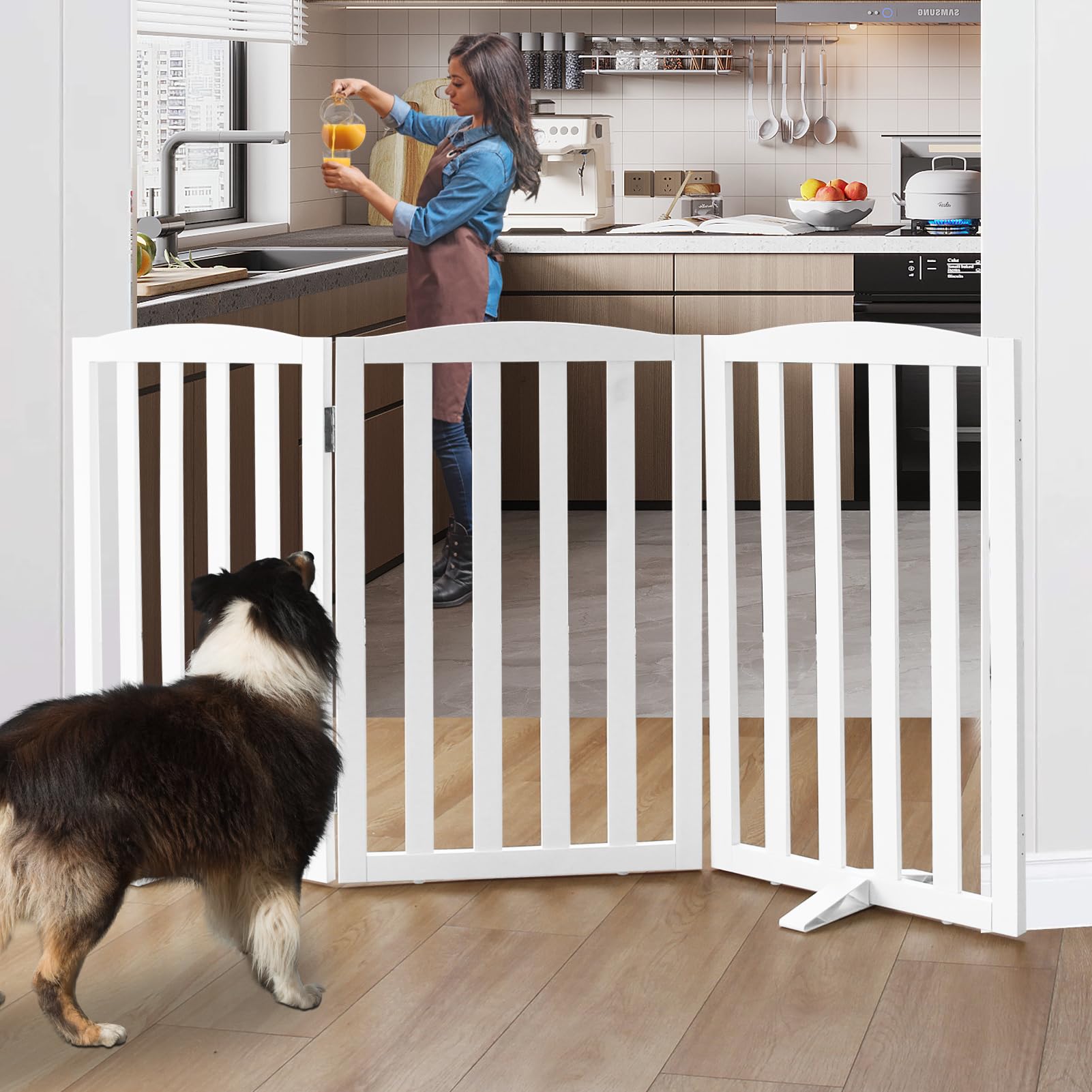 SFJC dog gate folded into wide Z-shape demonstrates foldable versatility for stairs and hallways