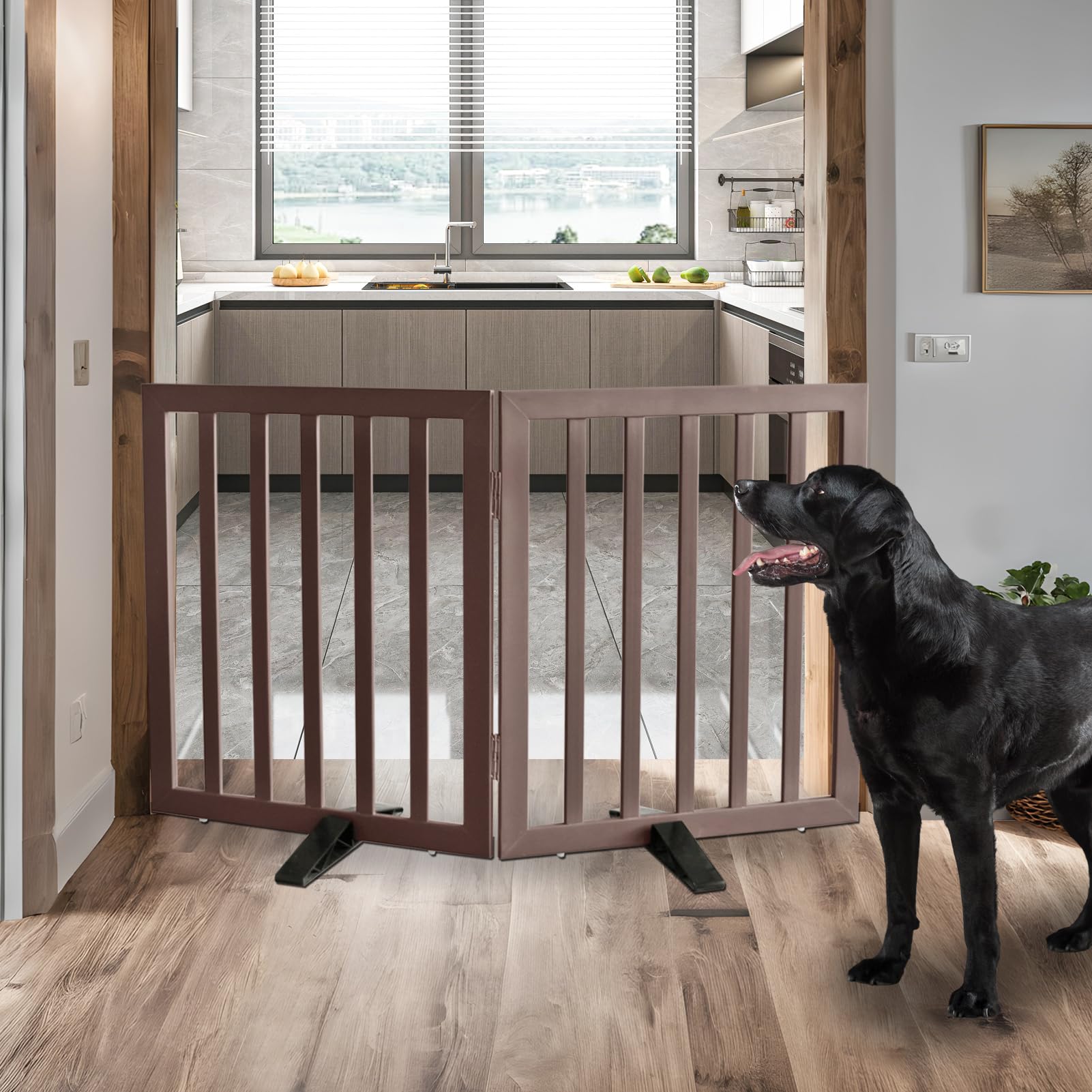 SFJC dog gate folded for storage in small spaces.