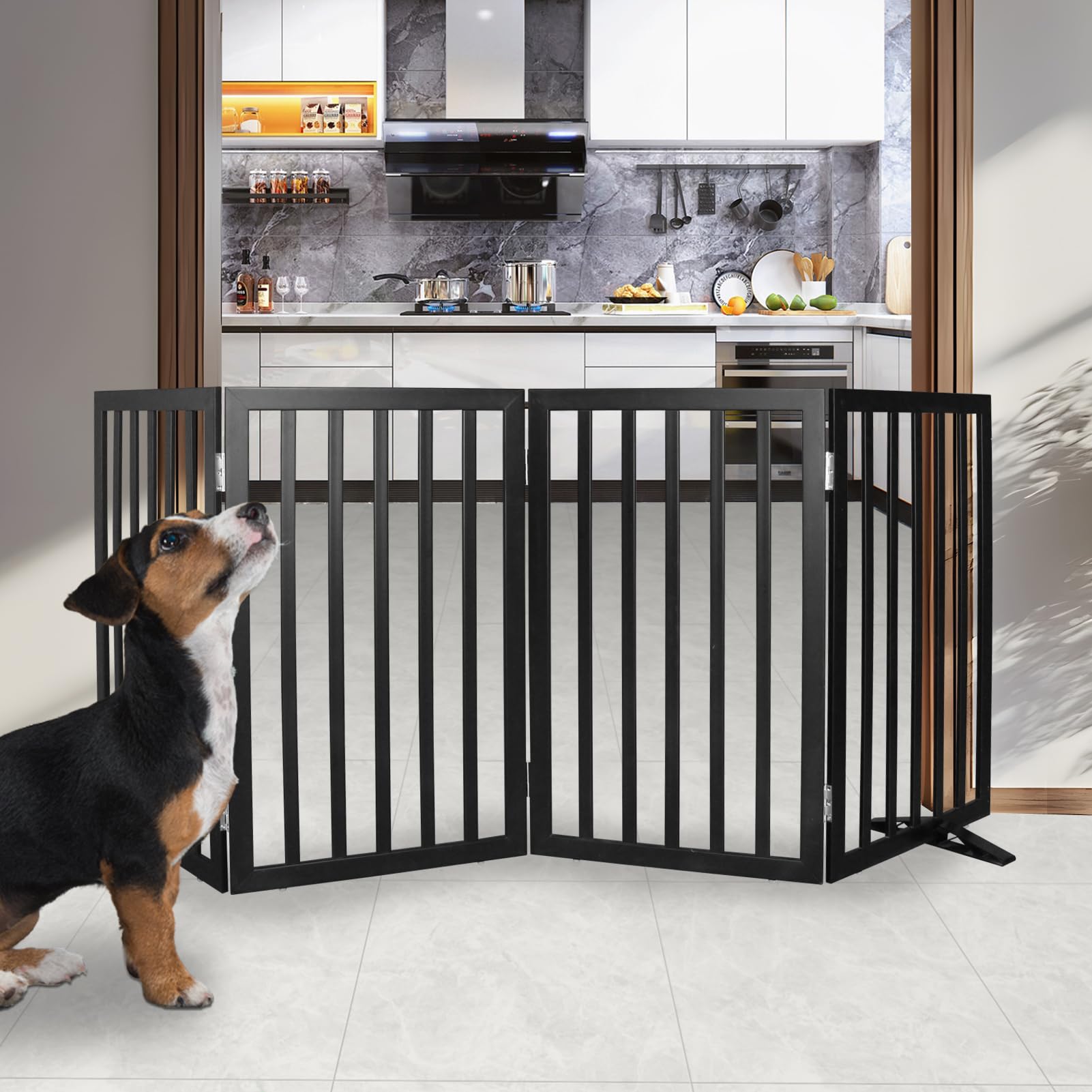 SFJC dog gate folded into a wide Z-shape for versatile indoor setup.