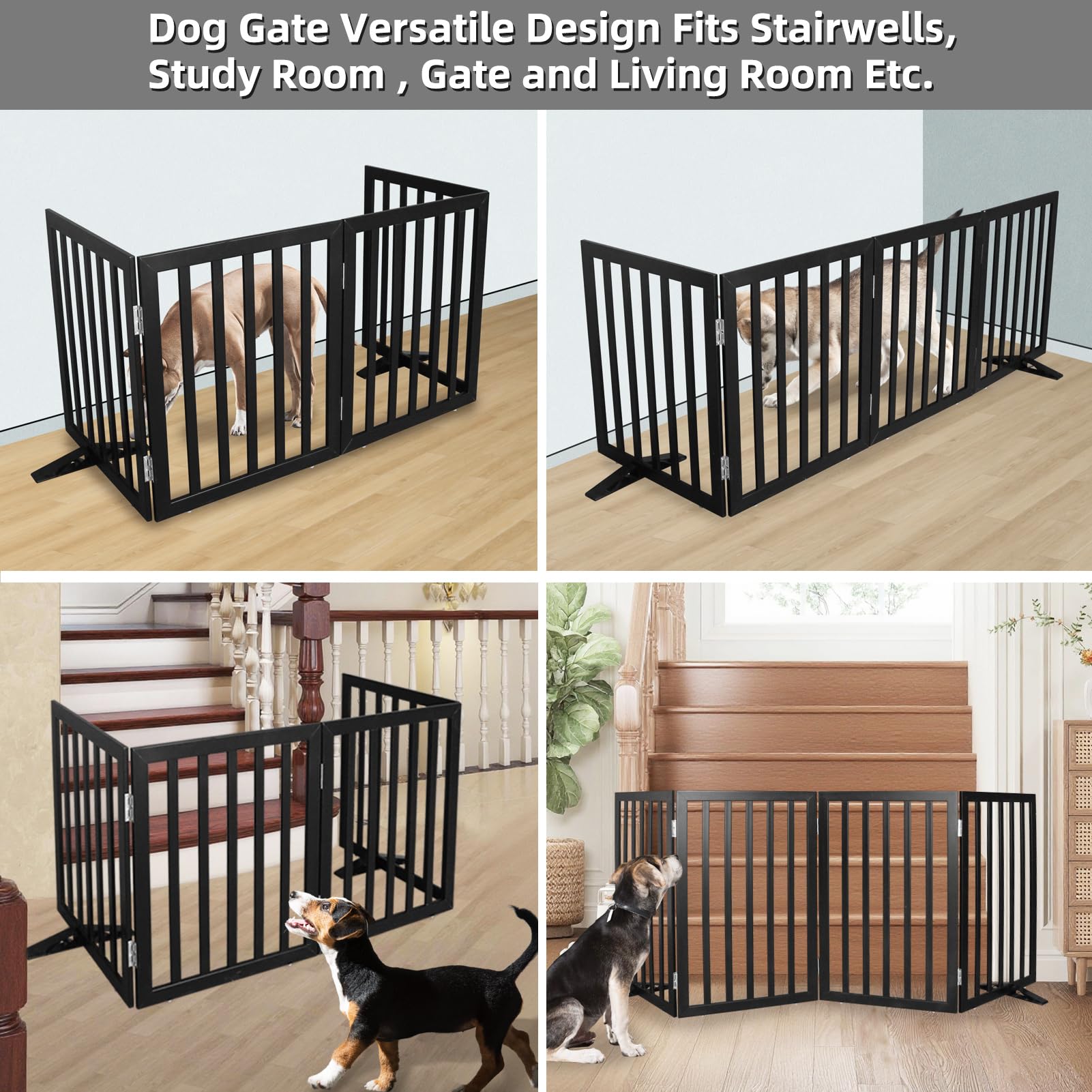 SFJC dog gate four-panel close-up highlighting sturdy stainless steel hinges.